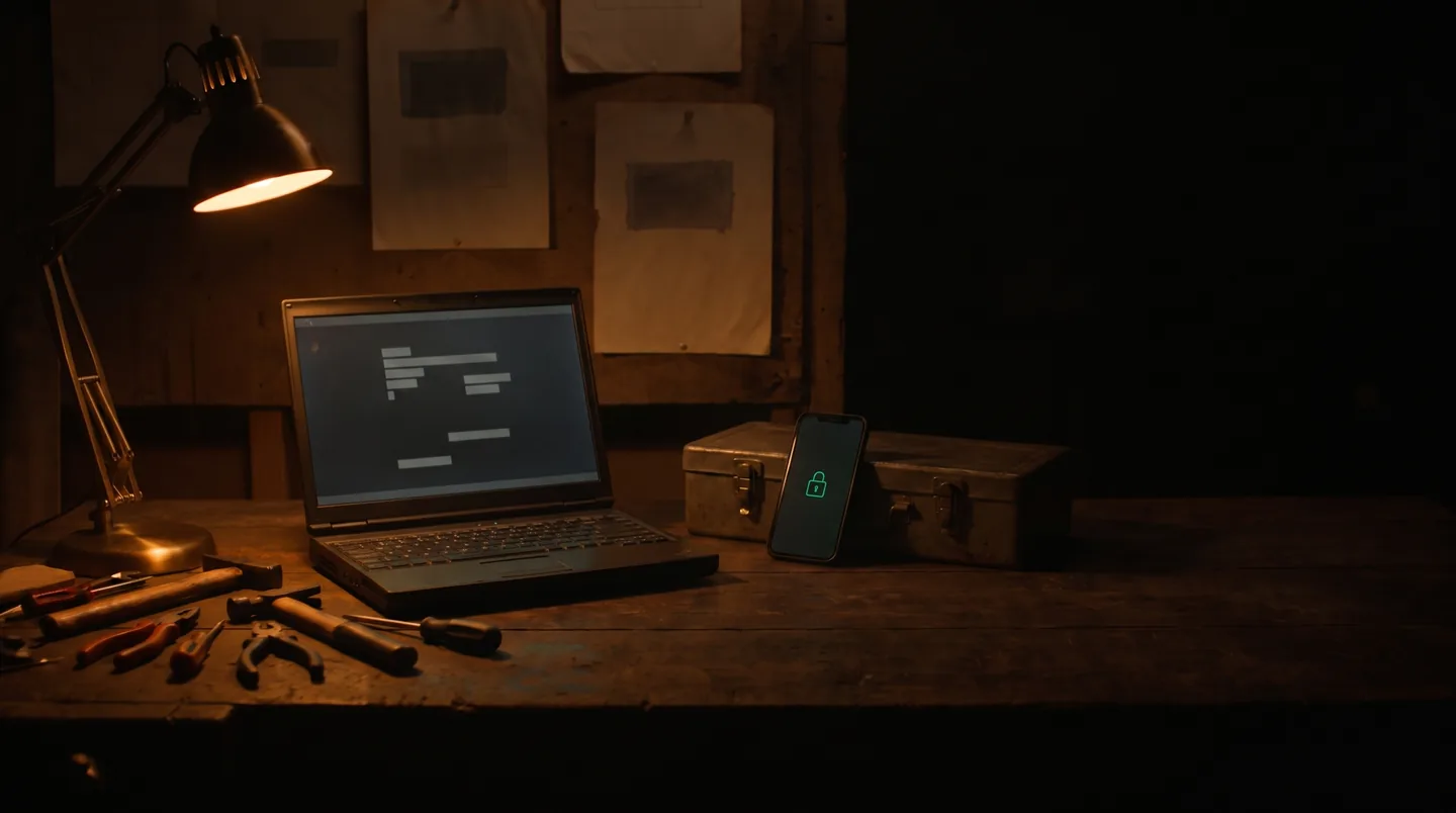Laptop und Handy nebeneinander zeigen denselben Entwurf, auf dem Handy leuchtet ein grünes Schloss-Symbol